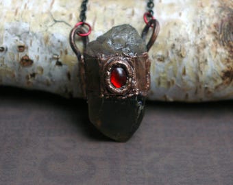 Smoky Quartz Shadow Work Pendant, Recycled Copper & Vintage Glass, Black Steel Chain