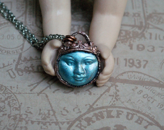 Blue Moon Pendant, Crowned Queen, Third Eye, Electroformed Recycled Copper