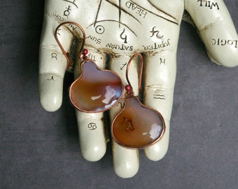 Autumn Earrings, Pumpkin Shape, Orange Agate Stone, Hand-cut Copper Setting, Copper Earwires