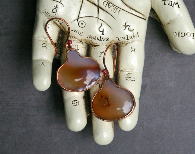 Autumn Earrings, Pumpkin Shape, Orange Agate Stone, Hand-cut Copper Setting, Copper Earwires