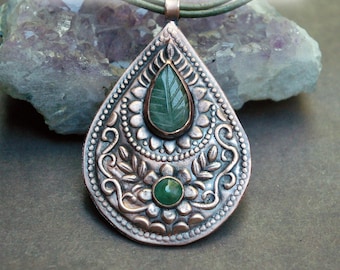 Floral Copper & Emerald Pendant, Leaf Cabochon, Distressed Green Leather