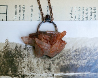 Rustic Cottage Witch Talisman, Tangerine Quartz Cluster, Crystal Recycled Copper Pendant