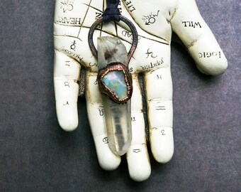 Raw Opal and Quartz Shard Pendant, Recycled Electroformed Copper, Charcoal Silk Cord