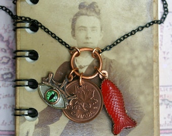 Charm Cluster Necklace, Handmade Copper Mini Pendants, Good Luck