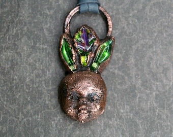 Baby Mandrake Necklace, Glass Leaves, Recycled Copper, Suede Leather Cord