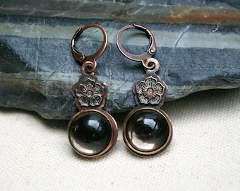 Tudor Earrings, Gray Glass Copper, Hand-painted Flower, Leverback Ear Wires