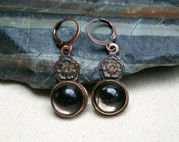 Gray Glass Copper Earrings, Hand-painted Flower, Leverback Ear Wires
