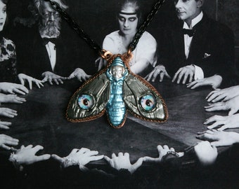 Surreal Hawkmoth Necklace, Goblincore Multicolor Glass Eyes, Recycled Copper Setting