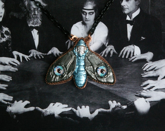 Surreal Hawkmoth Necklace, Goblincore Multicolor Glass Eyes, Recycled Copper Setting