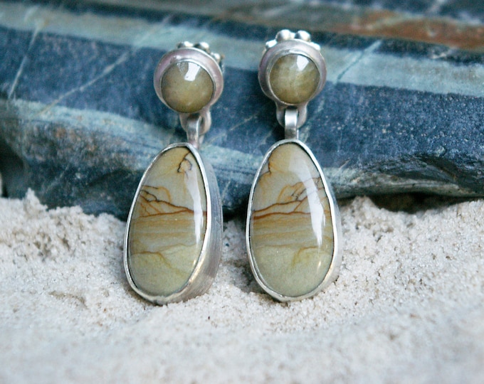 Artisan Earrings, Landscape Jasper and Sapphire, Sterling Silver, Post Back and Ear Nuts