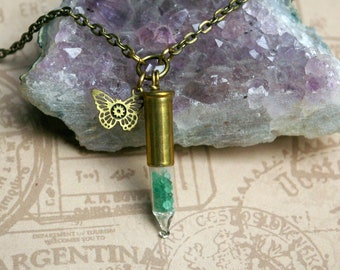 Upcycled Light Bulb, Tiny Emeralds, Brass Casing Pendant