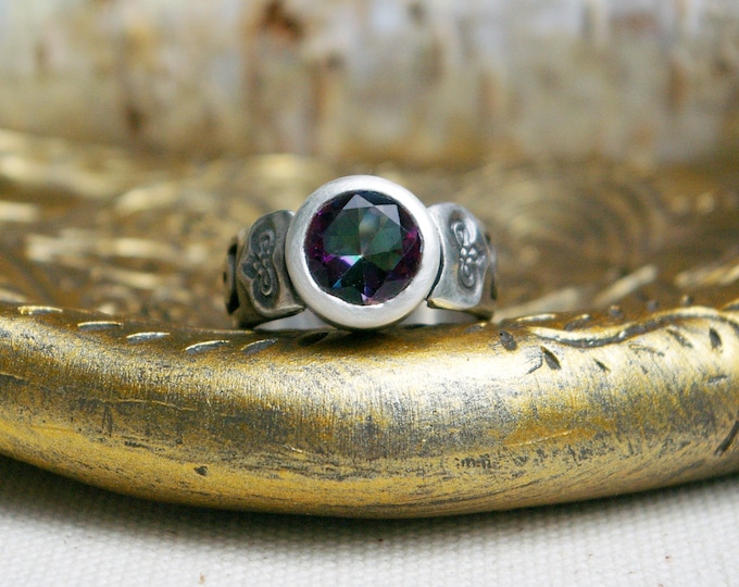 Upcycled Vintage & Recycled Silver Ring, Mystic Topaz Stone, Tube Setting, Size 6 1/2
