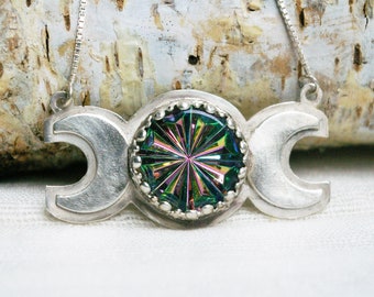 Triple Moon Necklace, Recycled Sterling Silver, Vintage Glass Starburst Pinwheel, Goddess Magic Symbol
