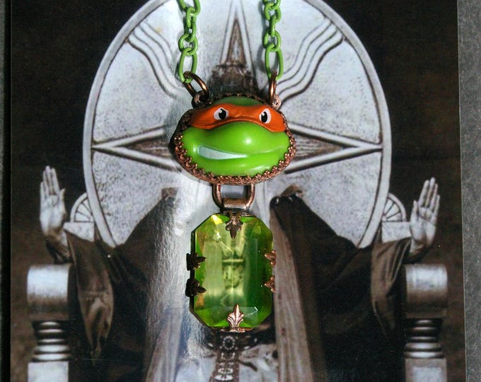 Psychobilly Turtle Necklace, Upcycled Action Figue Head, Uranium Glass Body, Enamel Chain