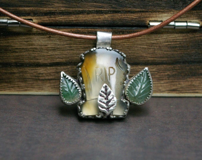 Agate & Emerald Grave Necklace, Sterling Silver Setting, NSFW Phrase, Dark Humor