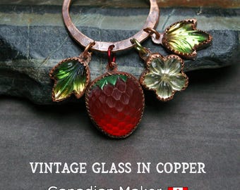 Strawberry Cottagecore Necklace, Hammered Copper, Vintage Glass, Knotted Silk