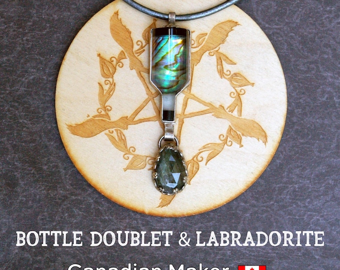 Potion Bottle Pendant, Sterling Silver Setting, Abalone Doublet, Leather Cord