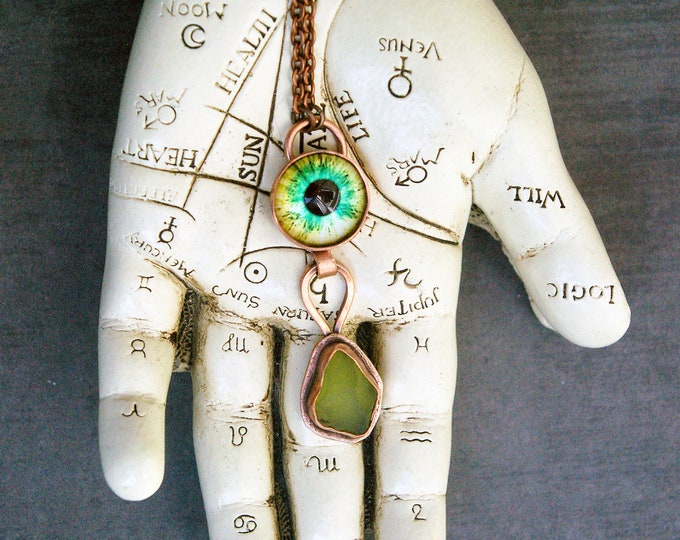 Green Eye Pendant, Weirdcore Copper Necklace, Raw Leaf-green Glass