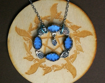Oak Leaf Wreath Pendant, Winter Necklace, Vintage Glass Leaves, Hand-fabricated Nickel