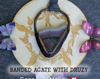 Banded Agate Pendant, Tinted Recycled Copper, Soft Gray Leather Cord