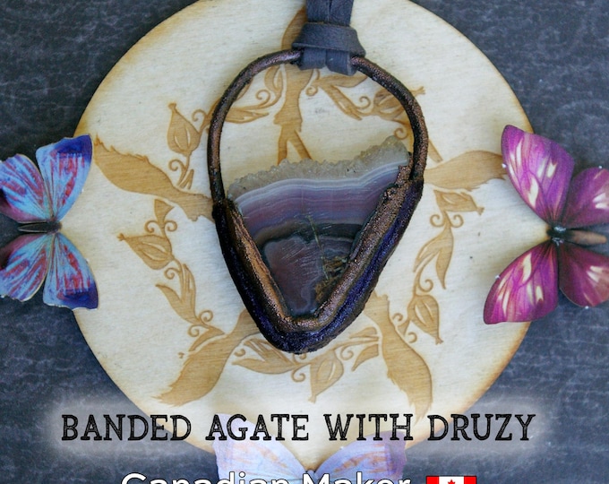Banded Agate Pendant, Tinted Recycled Copper, Soft Gray Leather Cord