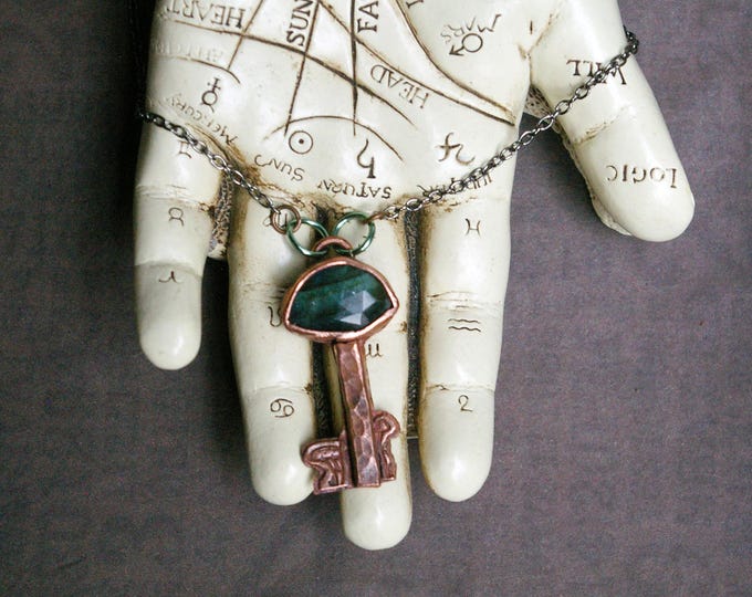 Mushroom Key Pendant, Rosecut Labradorite Stone, Recycled Copper, Cottagecore Style