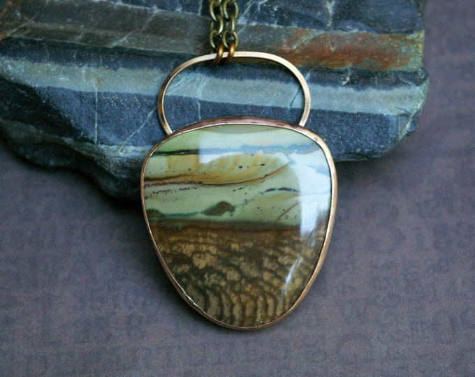 Venusian Landscape Pendant, Jasper Stone in Bronze, Mid-century Sci-fi Exoplanet, Brass Chain