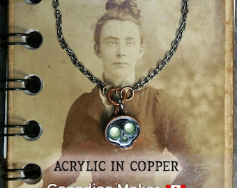 Haunted Skull Charm, Gunmetal Acrylic & Chain, Copper Setting
