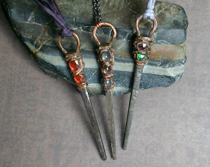 Coffin Nail Pendant, Recycled Electroformed Copper, Garnets, Black Opals, Black Sunstones