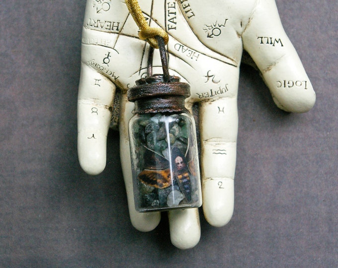 Witch Bottle, Raw Emeralds, Brass Key, Paper Moth, Recycled Electroformed Copper