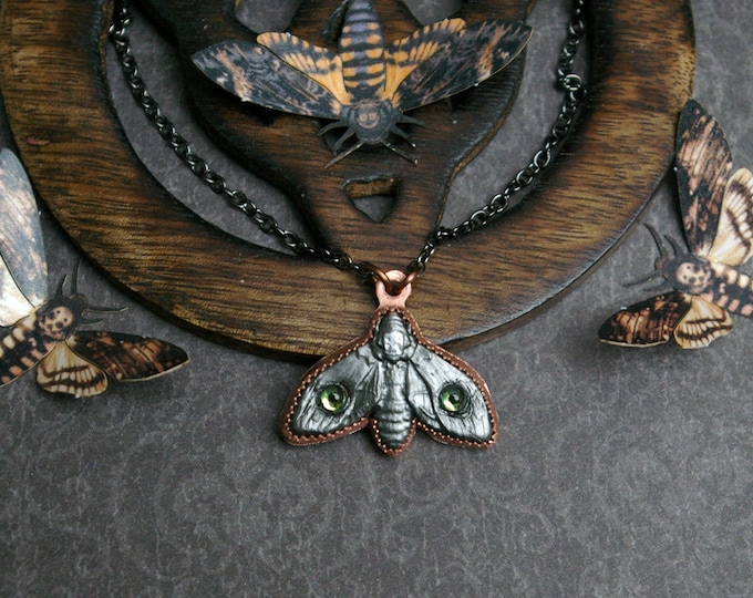 Creepy Moth Necklace, Polymer Clay Hawkmoth, Vintage Glass Eyes, Recycled Copper Setting