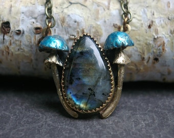 Goblincore Mushroom Necklace, Fairy Forest Jewelry, Labradorite and Brass - Flawed