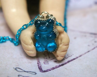 Candy Charm, Blue Raspberry Bear Necklace, Recycled Copper Setting, Aluminum Chain