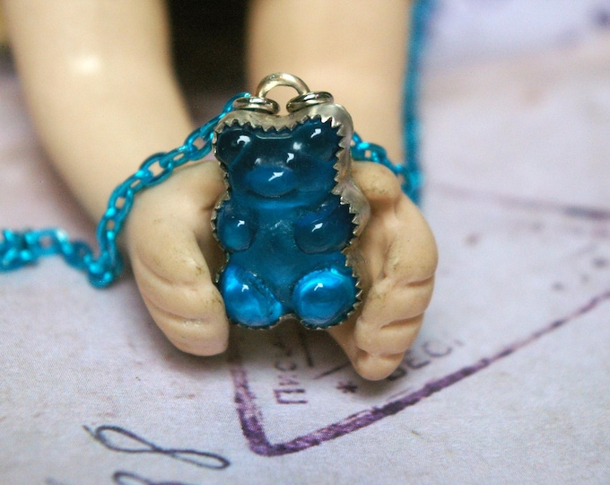 Candy Charm, Blue Raspberry Bear Necklace, Recycled Copper Setting, Aluminum Chain