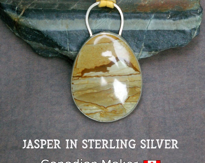 Desert Landscape Necklace, Reversible Image, Jasper in Sterling Silver, Tan Leather Cord