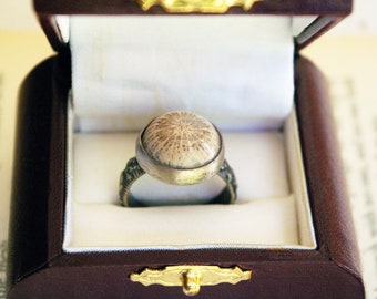 Coral Fossil Ring, Beachy Boho Earthy Style, Recycled Sterling Silver, Floral Band, Size 7