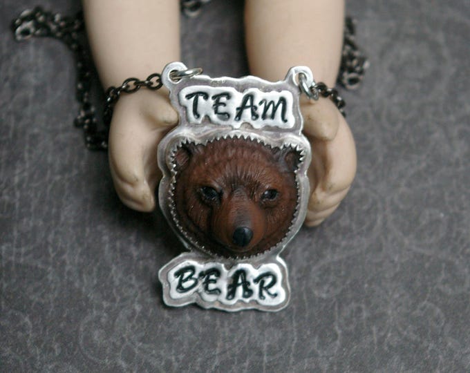Team Bear Necklace, Feminist Theme, Faux Taxidermy, Stamped Soldered Silver