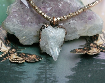 Crystal Necklace, Aura Quartz Cluster, Recycled Copper Setting, Faceted Rondelle Beads