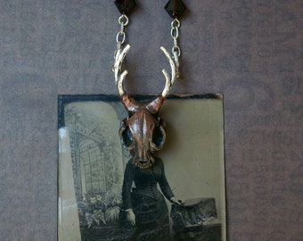 Catalope Pendant, Cat Skull with Antlers, Mixed Metal, Witchy Necklace, Recycled Copper