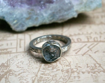 Herkimer Slice Ring, Raw Stone Crystal, Patterned Sterling Silver, Size 10