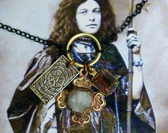Charm Cluster Necklace, Raw Moonstone in Brass Pendant, Tarot and Vintage Glass