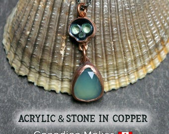Haunted Skull Pendant, Aqua Chalcedony Body, Copper Setting