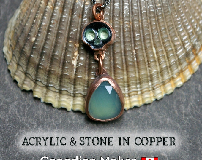 Haunted Skull Pendant, Aqua Chalcedony Body, Copper Setting