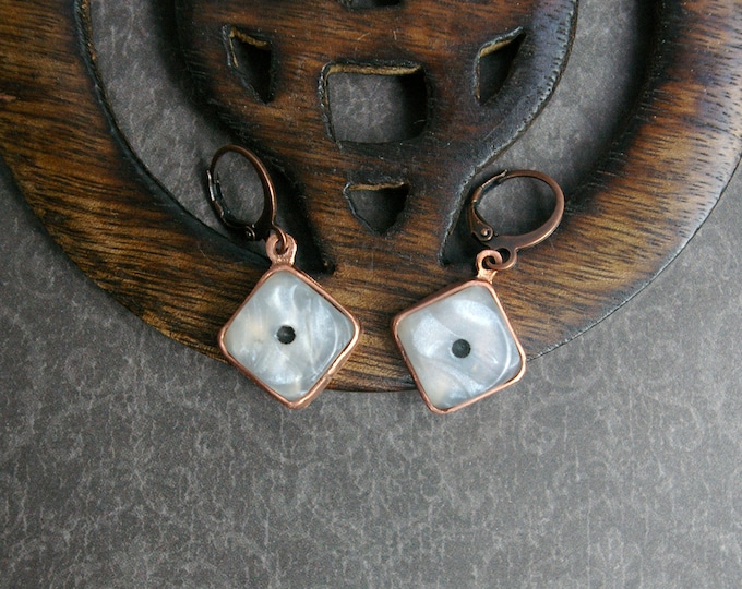 Dangle Earrings, Upcycled Dice Snake Eyes, Copper Settings and Leverbacks
