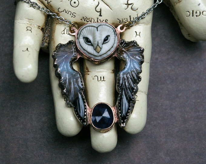 Owl Necklace, Porcelain Face, Mixed Metal Setting, Stone Wings, IMPERFECT