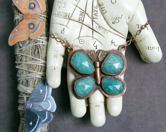 Amazonite Copper Moth Necklace, Stamped "Find the Light" on Reverse