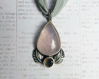 Rose Quartz & BC Agate Pendant, Satin Finish Sterling Silver, Textured Silk Ribbon
