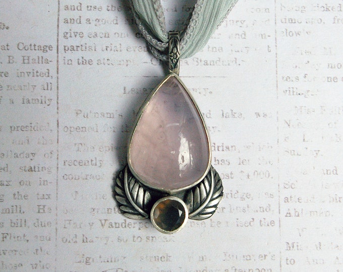 Rose Quartz & BC Agate Pendant, Satin Finish Sterling Silver, Textured Silk Ribbon