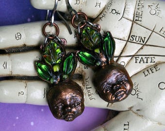 Cottagecore Baby Mandrake Earrings, Glass Leaves, Recycled Copper on 18g Stainless Steel Hooks