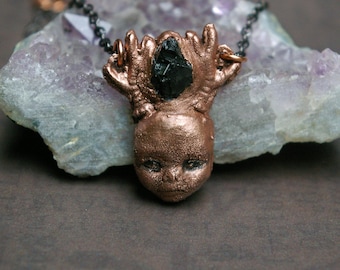 Forest Pixie Pendant, Goblincore Necklace, Raw Tourmaline, Recycled Copper